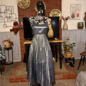 Free People Silver Metallic Pleated Dress
